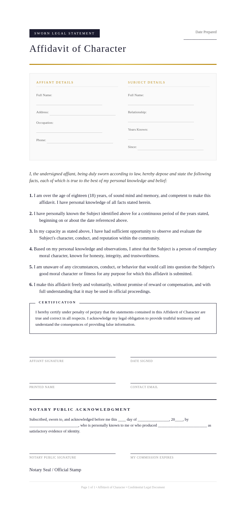 Executive Formal Affidavit of Character